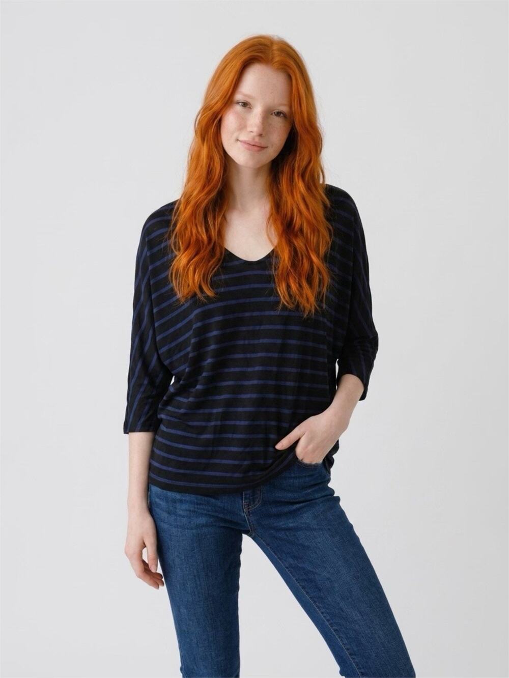 New Sojourn Women's S Petite Black Blue Striped Pullover Blouse 3/4 Sleeves Soft